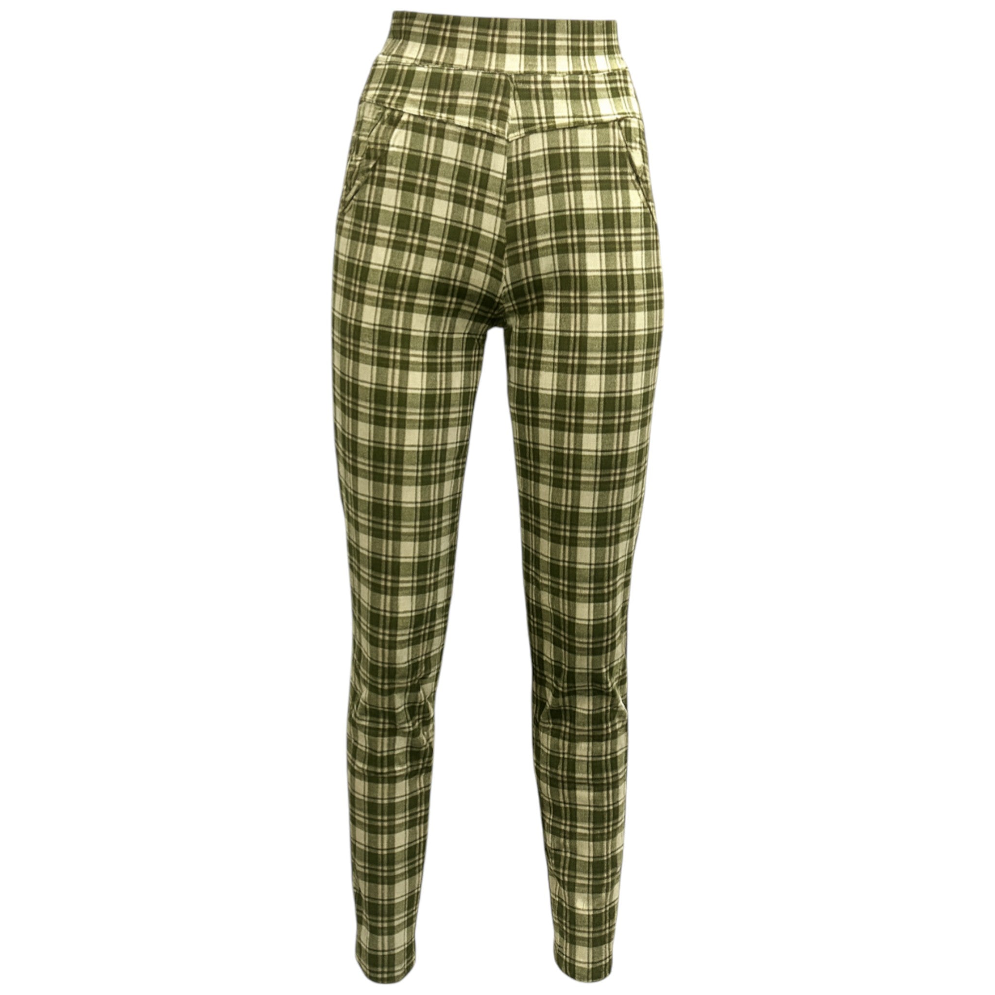 Green and white check slim stretch treggings for women – high-waisted pull-on trousers